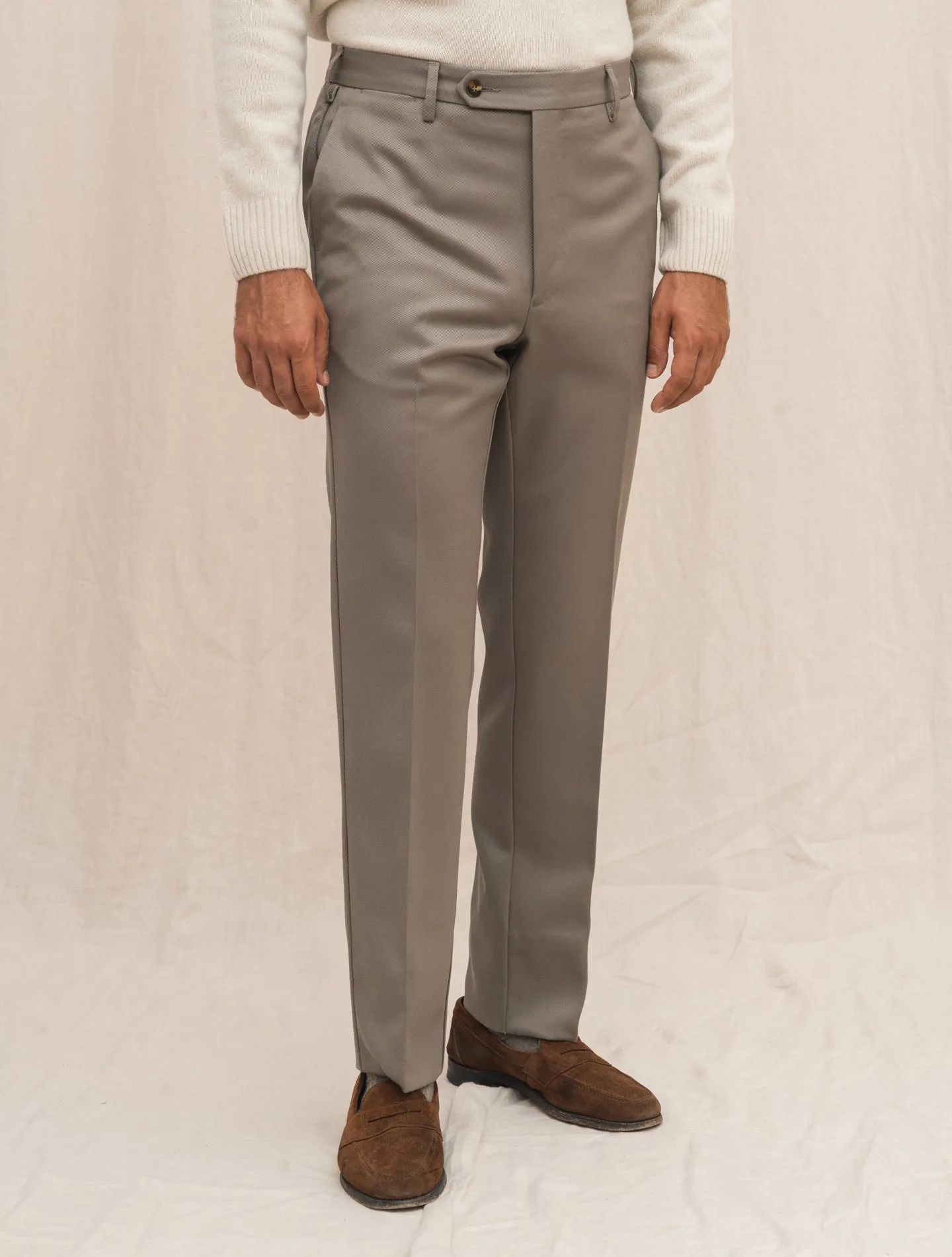 190 Flat Front Wool Twill Trousers Taupe