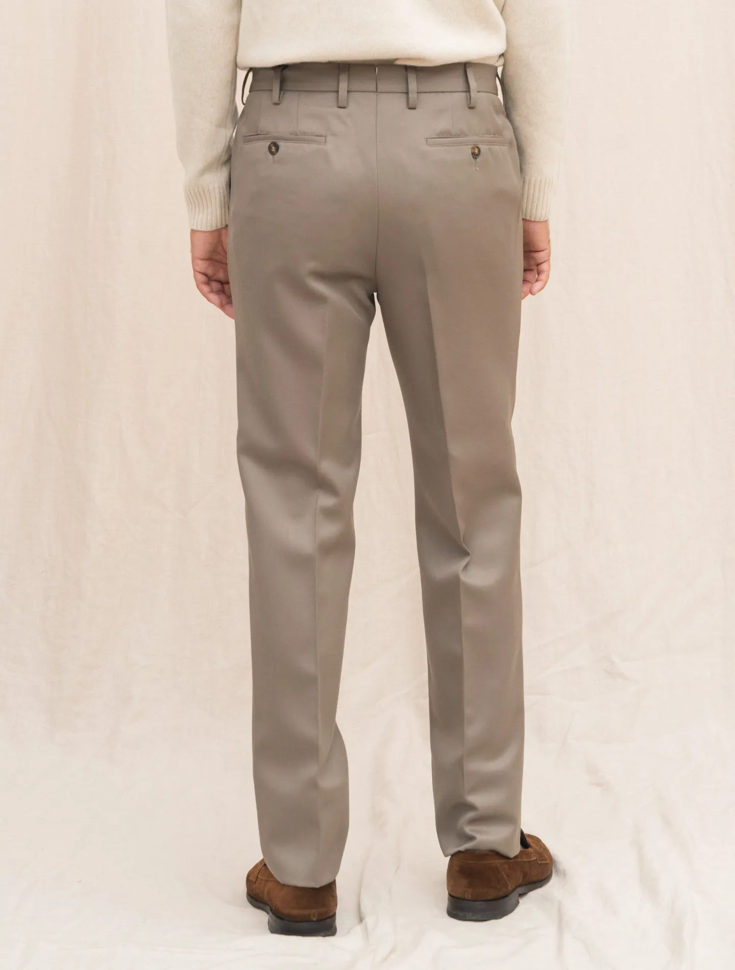 190 Flat Front Wool Twill Trousers Taupe