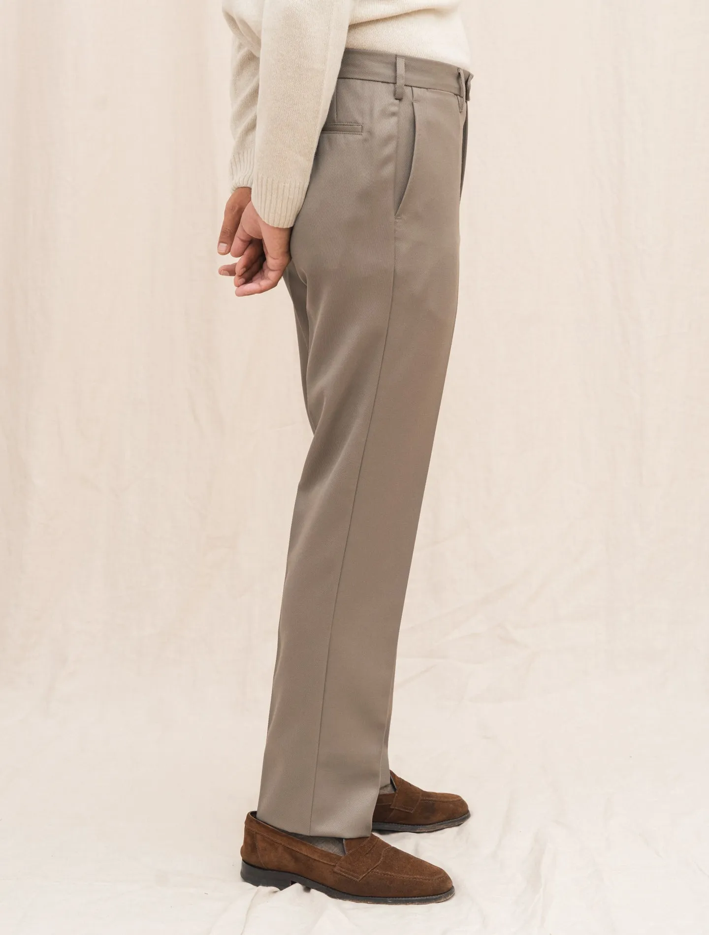 190 Flat Front Wool Twill Trousers Taupe