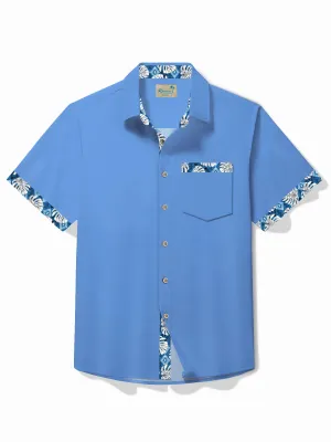 Alohadaddy Basic Blue Men's Hawaiian Shirt Vegetarian Patchwork Stretch Easy Care Pocket Camping Shirt