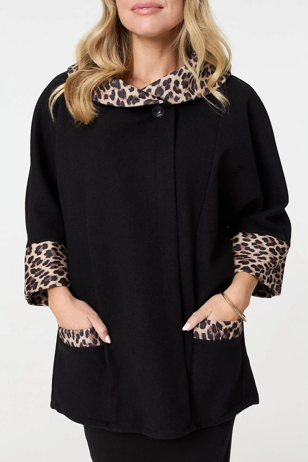 Animal Print Trim 3/4 Sleeve Cape Coat