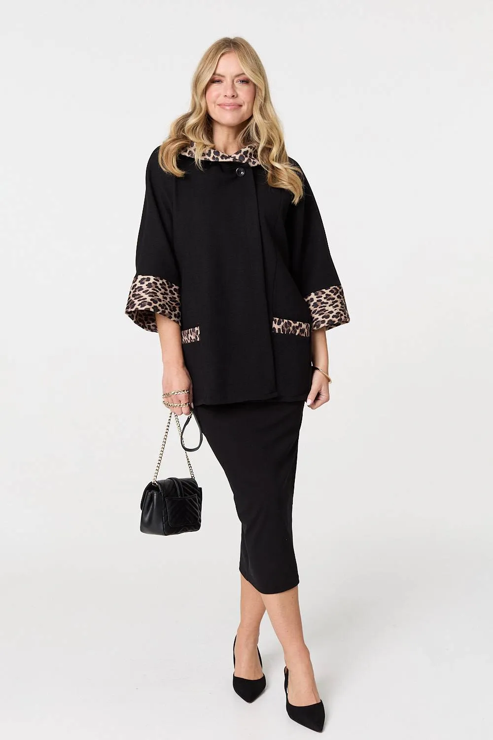 Animal Print Trim 3/4 Sleeve Cape Coat