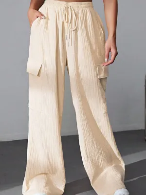 Apricot Crinkled Cargo Pants with High Waist Drawstring