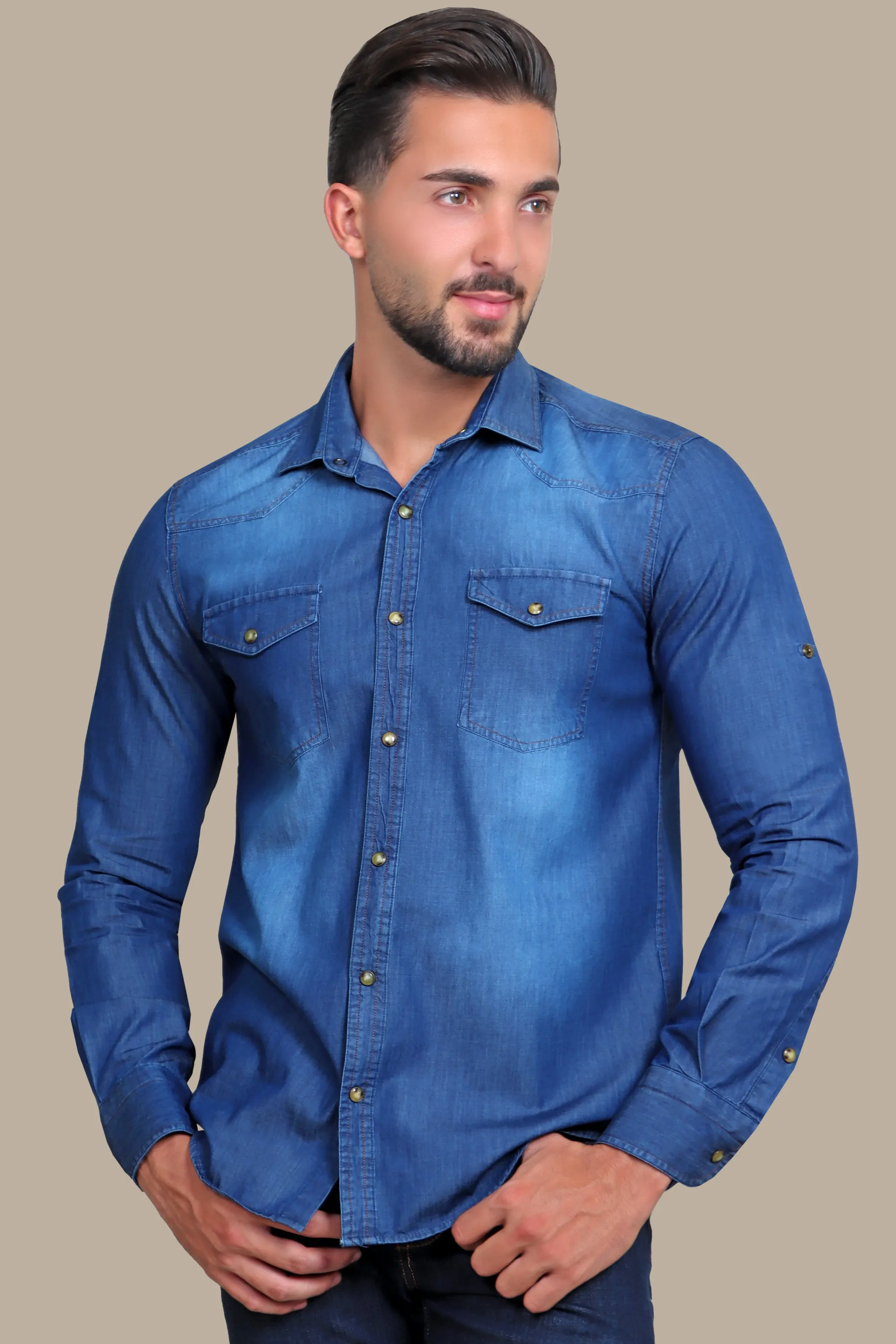 Classic Blue Denim Shirt with Flap Pockets