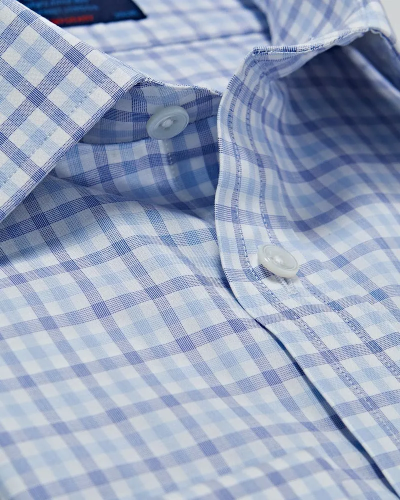 Contemporary Fit Blue & Navy Overcheck Cotton Shirt with Classic Collar & Double Cuff