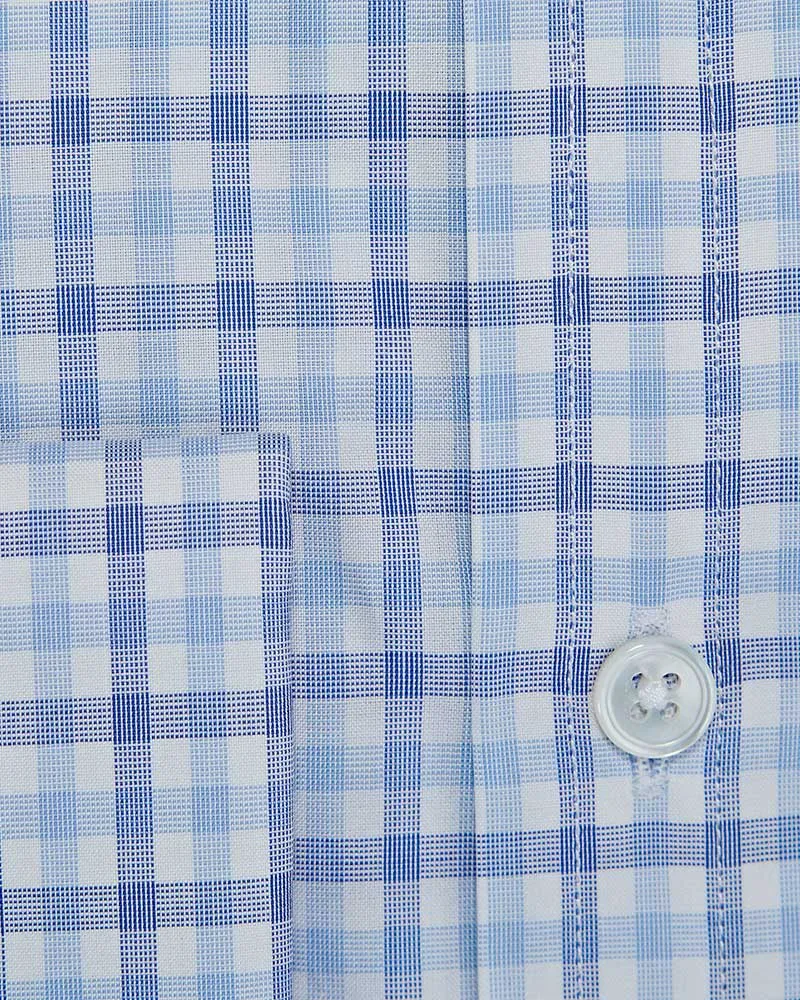 Contemporary Fit Blue & Navy Overcheck Cotton Shirt with Classic Collar & Double Cuff