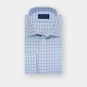 Contemporary Fit Blue & Navy Overcheck Cotton Shirt with Classic Collar & Double Cuff