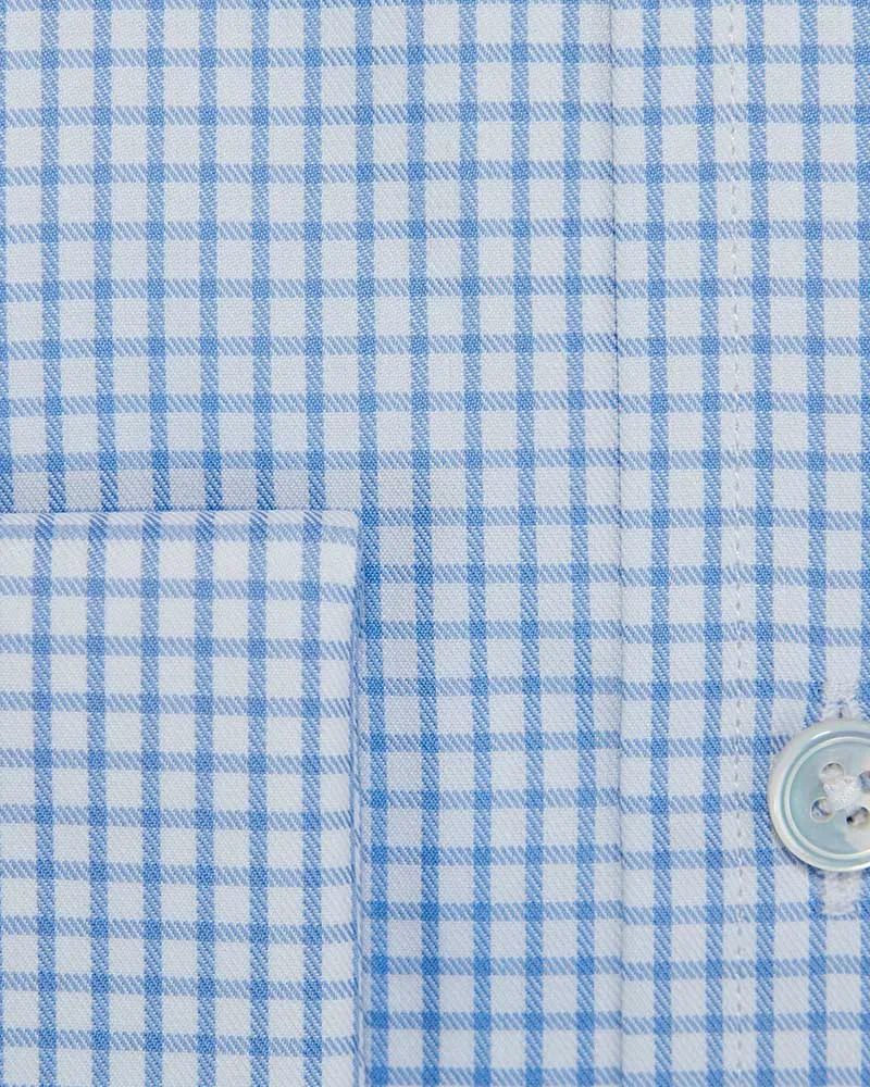 Contemporary Fit Blue Grid Check Cotton Twill Shirt with Classic Collar & Double Cuff