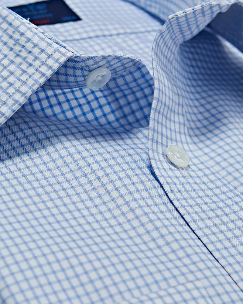 Contemporary Fit Blue Grid Check Cotton Twill Shirt with Classic Collar & Double Cuff