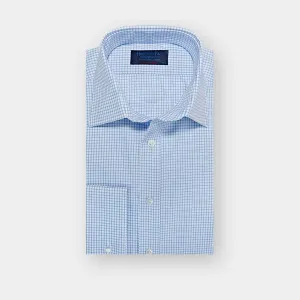 Contemporary Fit Blue Grid Check Cotton Twill Shirt with Classic Collar & Double Cuff