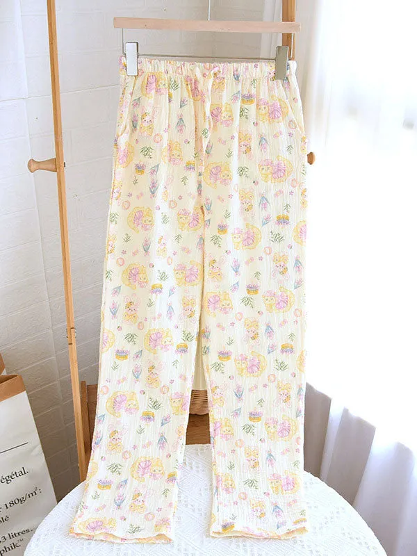 Cute Cartoon Floral Printed Cotton Pajama Pants