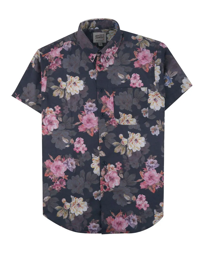 Flower Painting Short Sleeve Easy Shirt  Navy