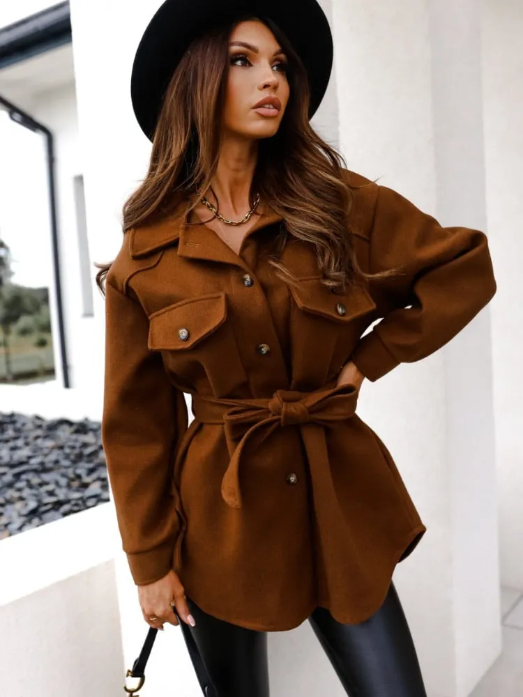 Joskaa Elegant Belt Jackets Coat Womens Autumn Winter Trench Coats Lapel Single Breasted Mid Length Belted Outwear Jacket 2024 New