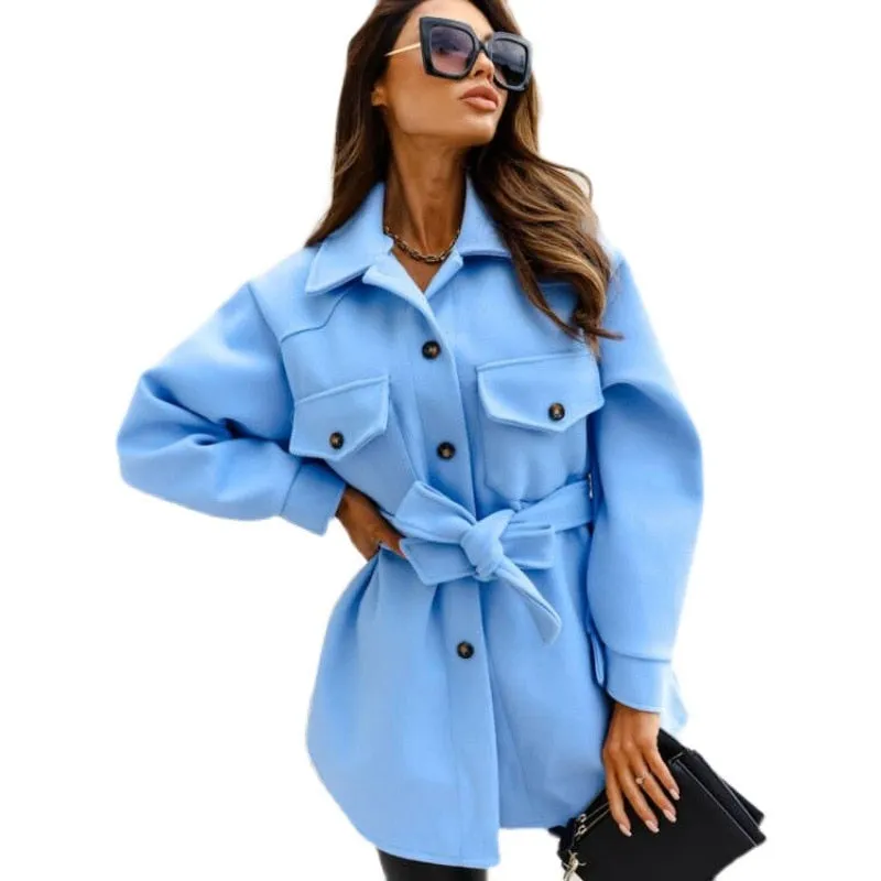 Joskaa Elegant Belt Jackets Coat Womens Autumn Winter Trench Coats Lapel Single Breasted Mid Length Belted Outwear Jacket 2024 New