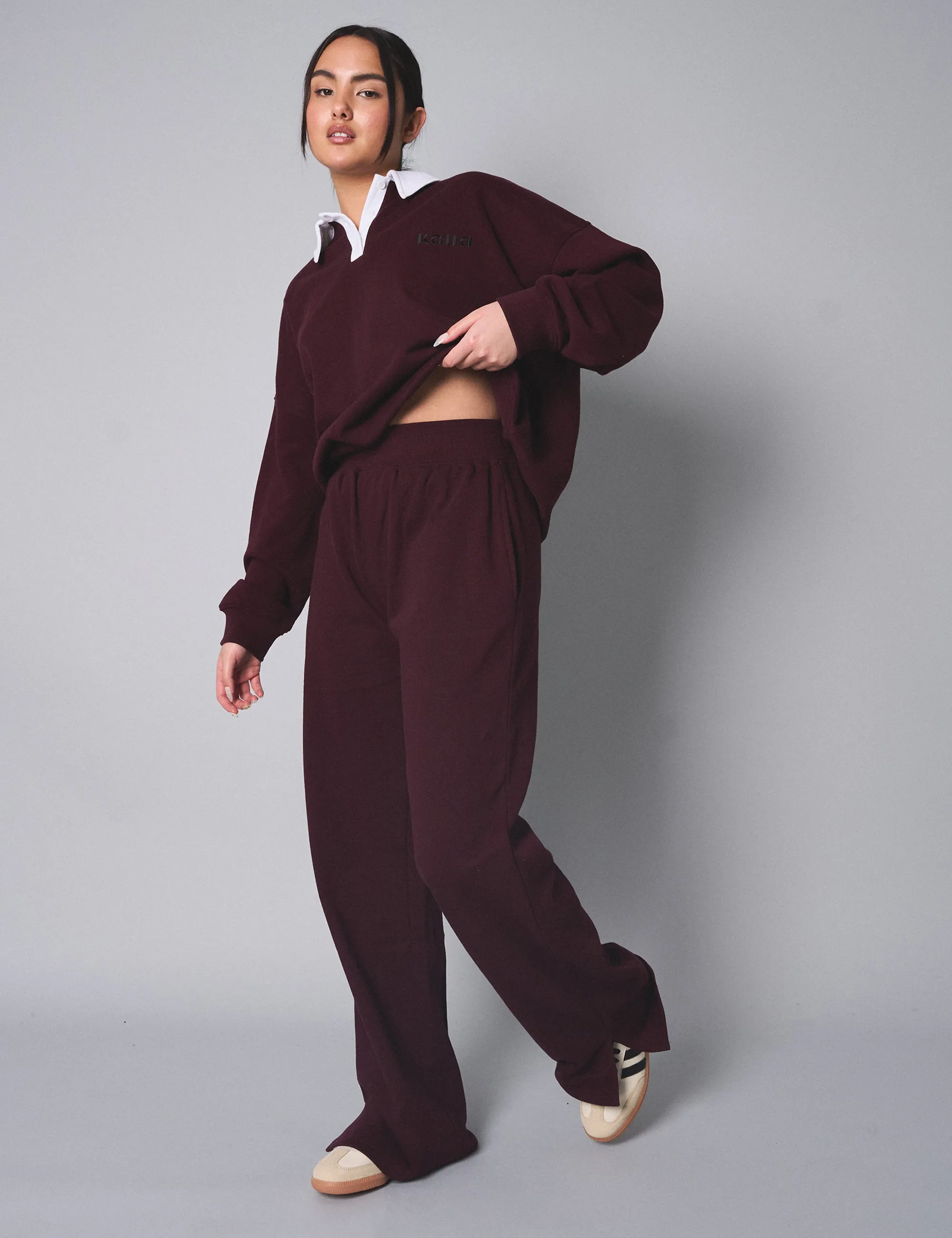 Kaiia Ribbed Waistband Wide Leg Sweat Pants Burgundy