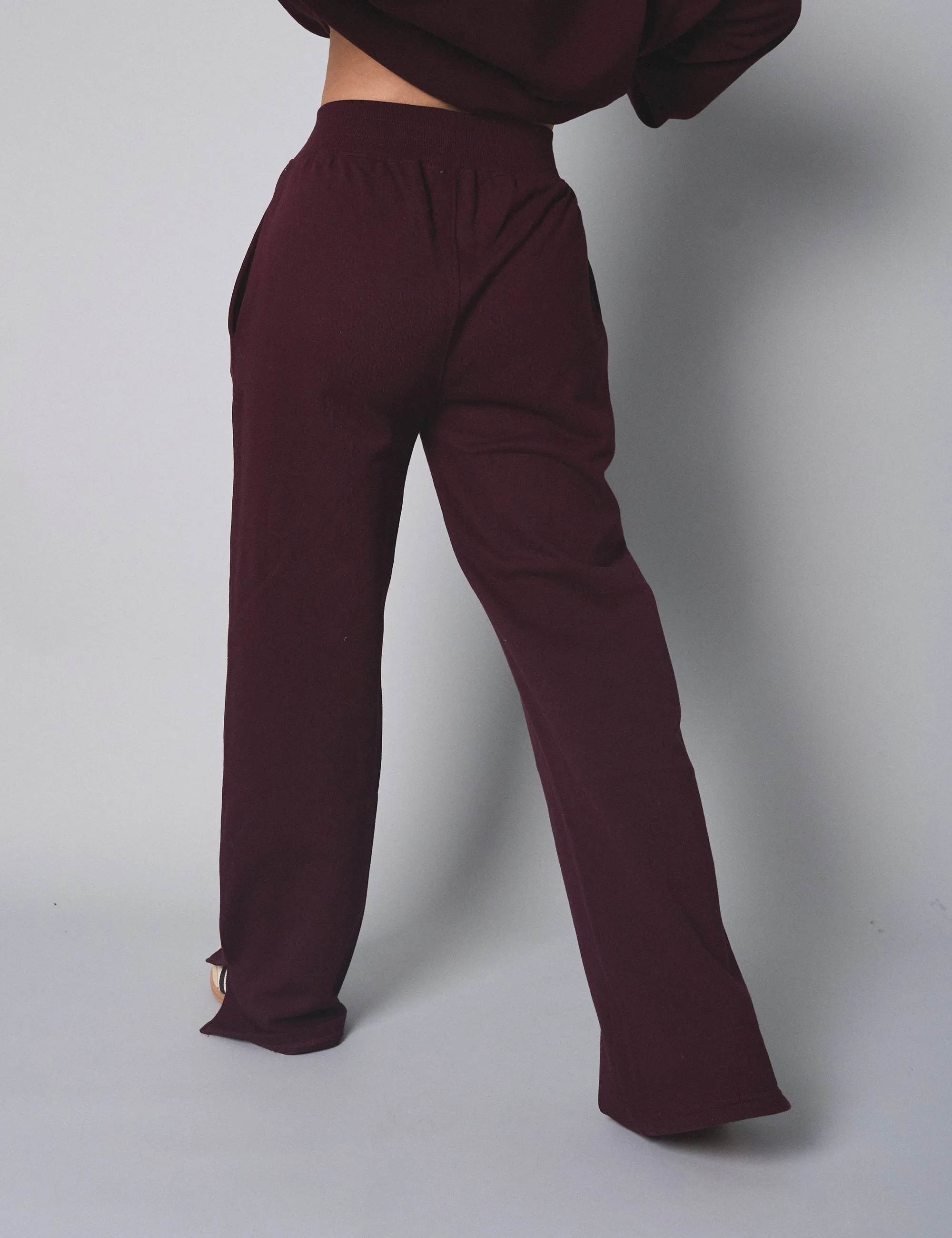 Kaiia Ribbed Waistband Wide Leg Sweat Pants Burgundy