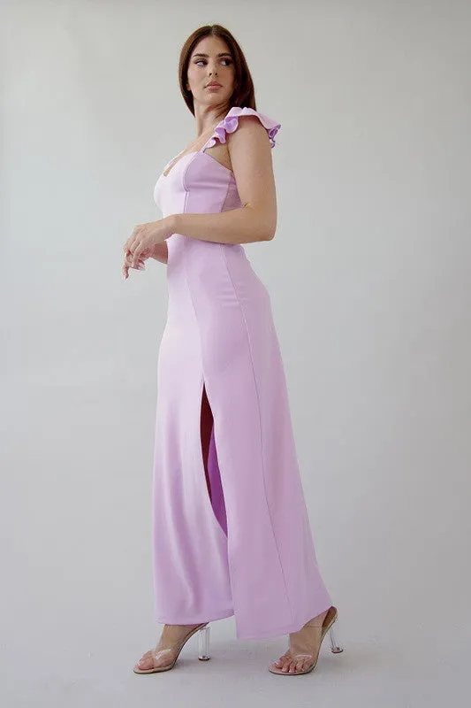 Lavender Ruffle Strap Dress With Leg Slit