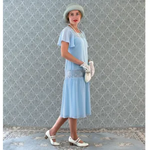 Light blue 1920s Great Gatsby dress with flutter sleeves