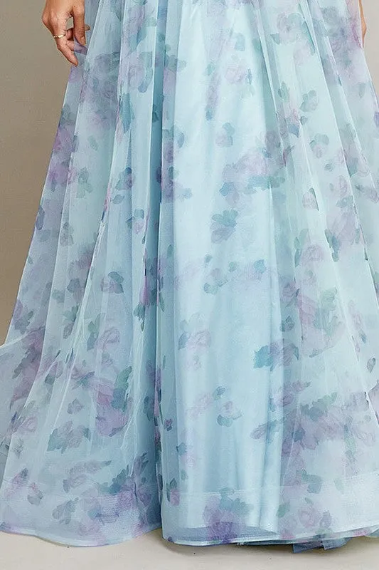 Light Blue Sleeveless Sweetheart A Line Floral Print Dress