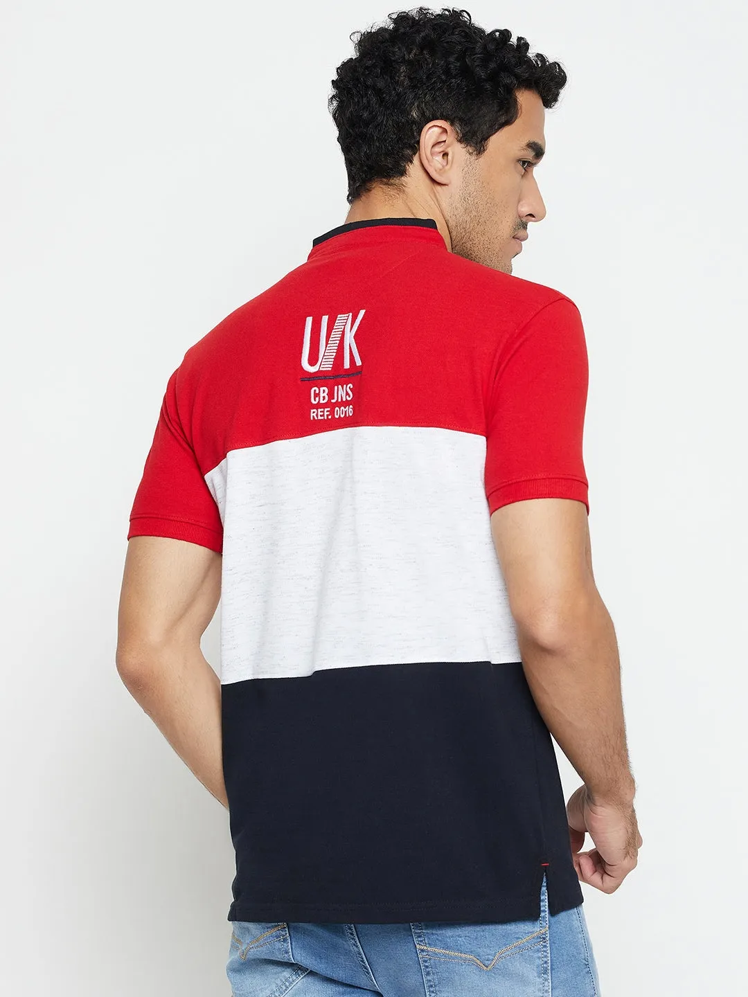 Men Red Color Blocked Half Sleeves Band Collar Casual T-Shirt