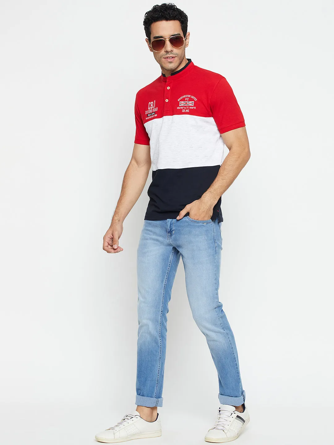 Men Red Color Blocked Half Sleeves Band Collar Casual T-Shirt