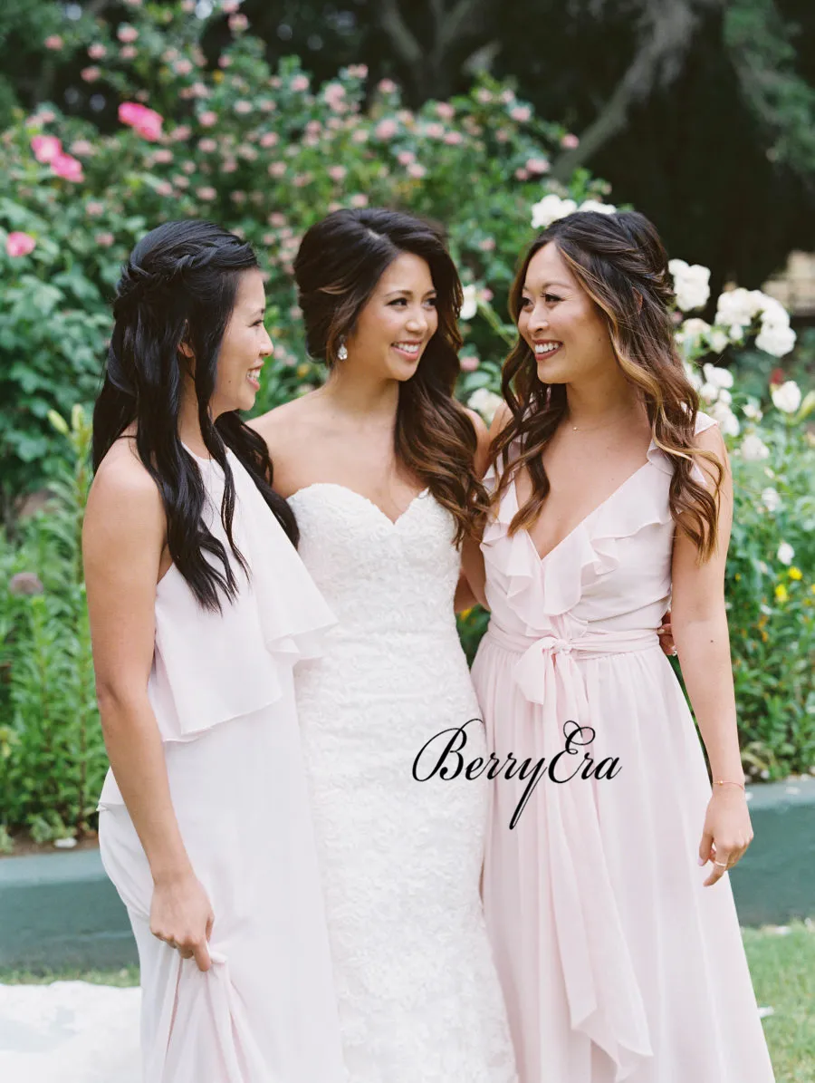 Mismatched Light Blush Pink Chiffon Long Bridesmaid Dresses