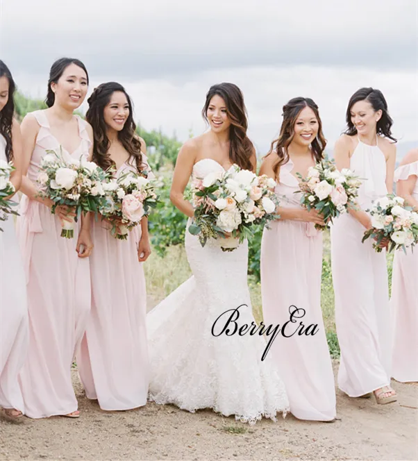 Mismatched Light Blush Pink Chiffon Long Bridesmaid Dresses