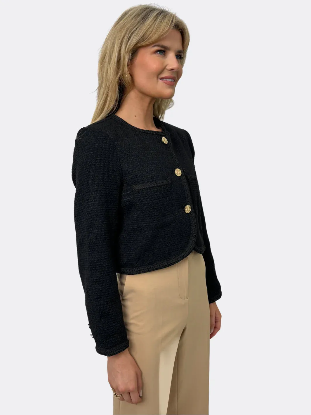 Niki Black Tweed short Jacket with Gold Button Detail