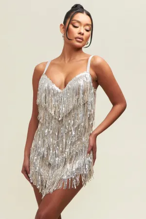 Nude-Silver Sequin Fringe Mini Dress