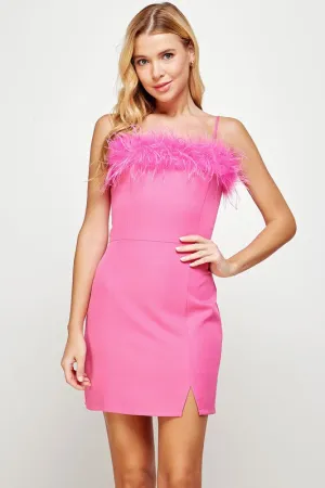 Pink Feather Trimmed Off-shoulder Mini Dress