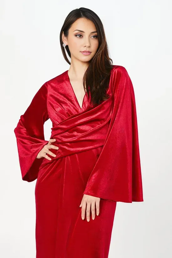 Red Wrap Waist Velvet Midi Dress Winter Wedding Guest Dresses