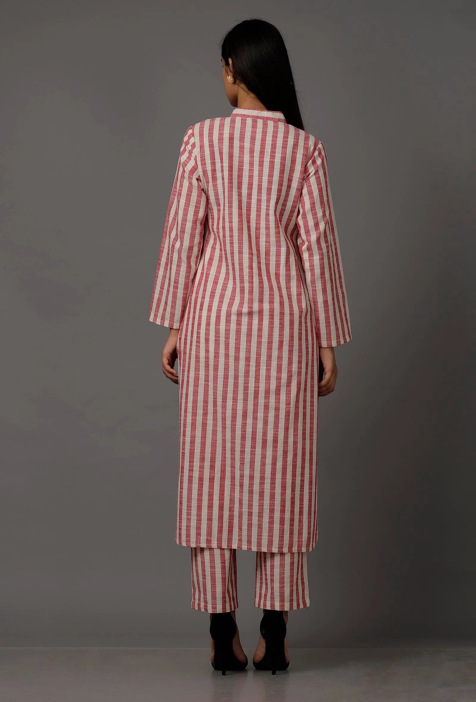 Set of 2: Red and White Stripes Pure Woven Cotton Kurta and Pants