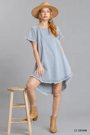 Short Sleeve Pocket Denim Dress with Fringe