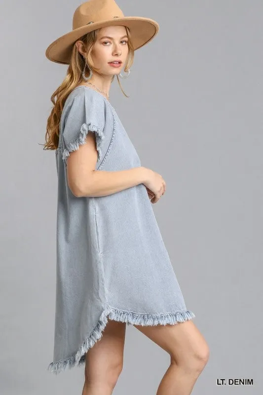 Short Sleeve Pocket Denim Dress with Fringe