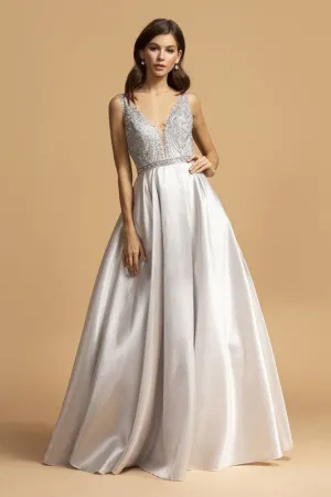 Silver Beaded Top Pocket Satin Long Dress