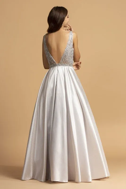 Silver Beaded Top Pocket Satin Long Dress