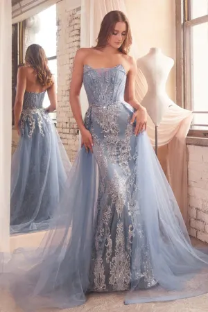 Smoky Blue Strapless Glitter Gown With Removable Tulle Overskirt