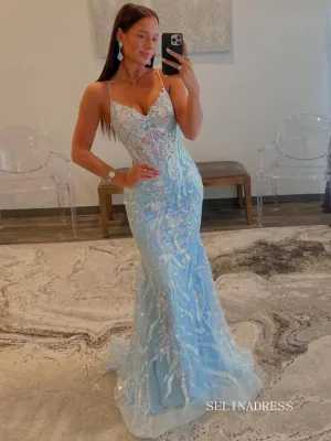 Spaghetti Straps Light Blue V-Neck Sequin Appliques Mermaid Prom Dress lpk572