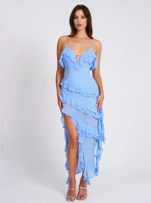 Theodora Cornflower Blue Rayon Ruffle Maxi Dress