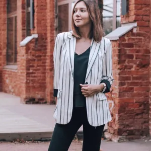 Vintage Fashionable Office Ladies' Striped Blazer For Autumn