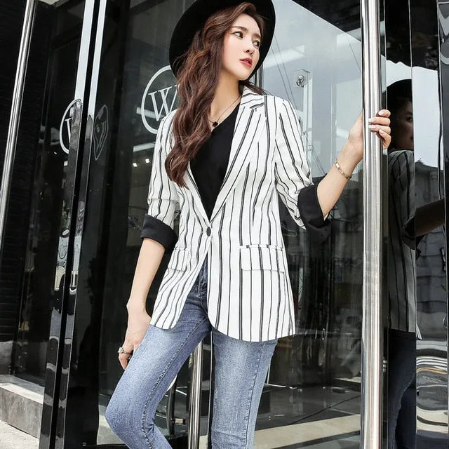 Vintage Fashionable Office Ladies' Striped Blazer For Autumn