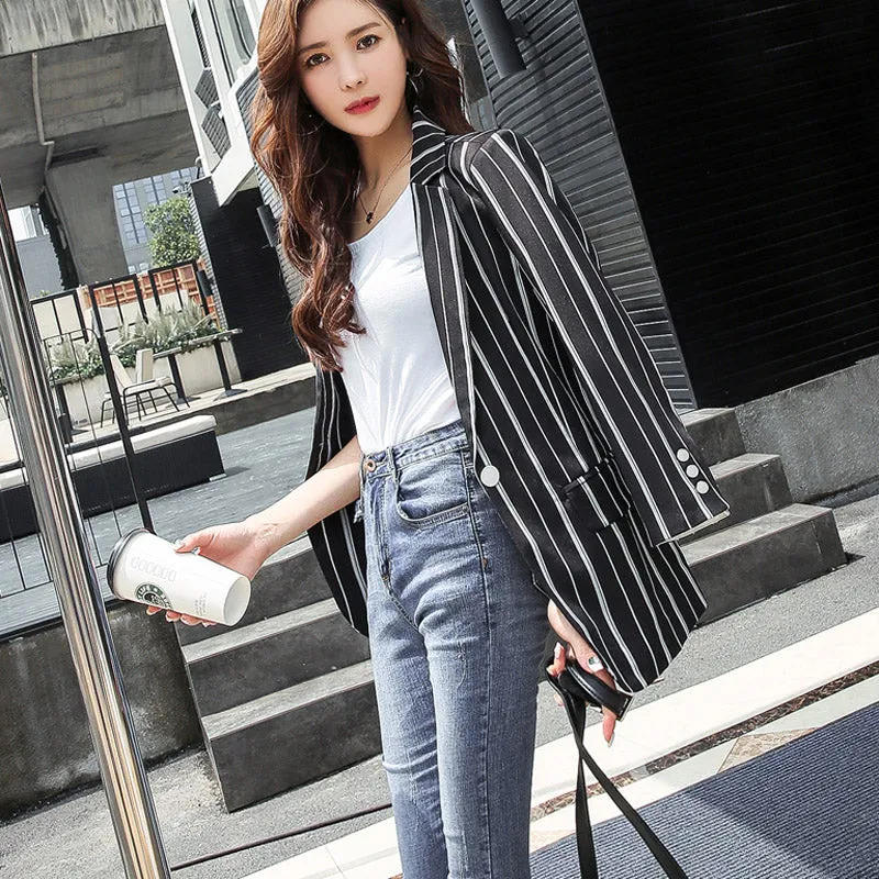 Vintage Fashionable Office Ladies' Striped Blazer For Autumn