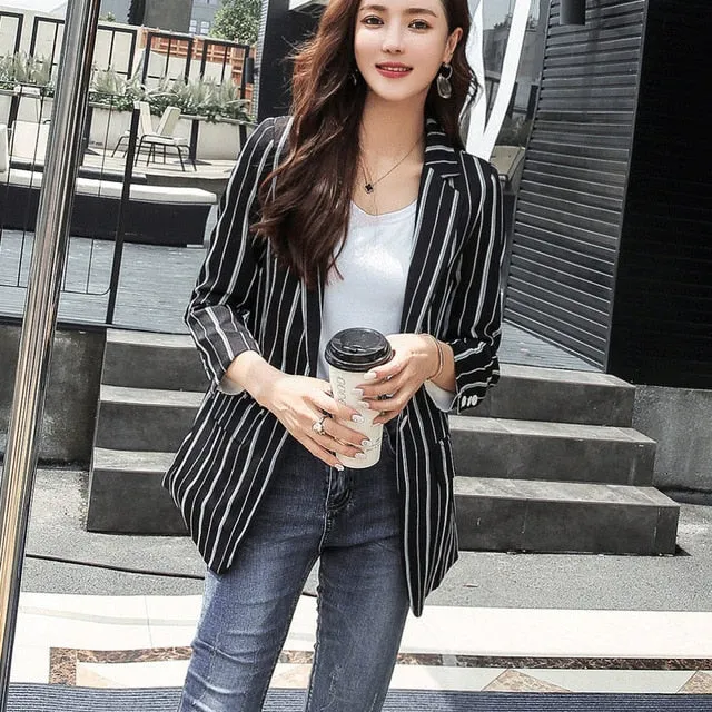 Vintage Fashionable Office Ladies' Striped Blazer For Autumn