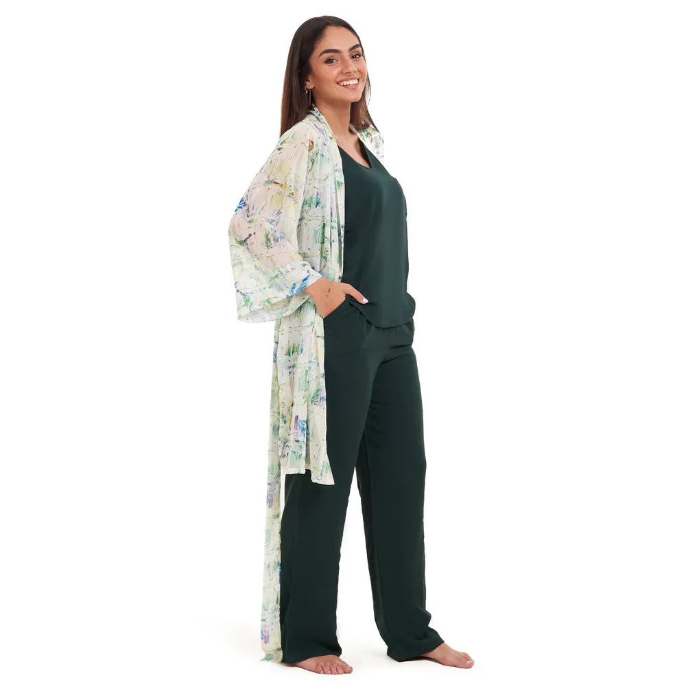 Women summer 3 piece pajama set Abstract Natural watercolors kimono   Dark green top & Pants