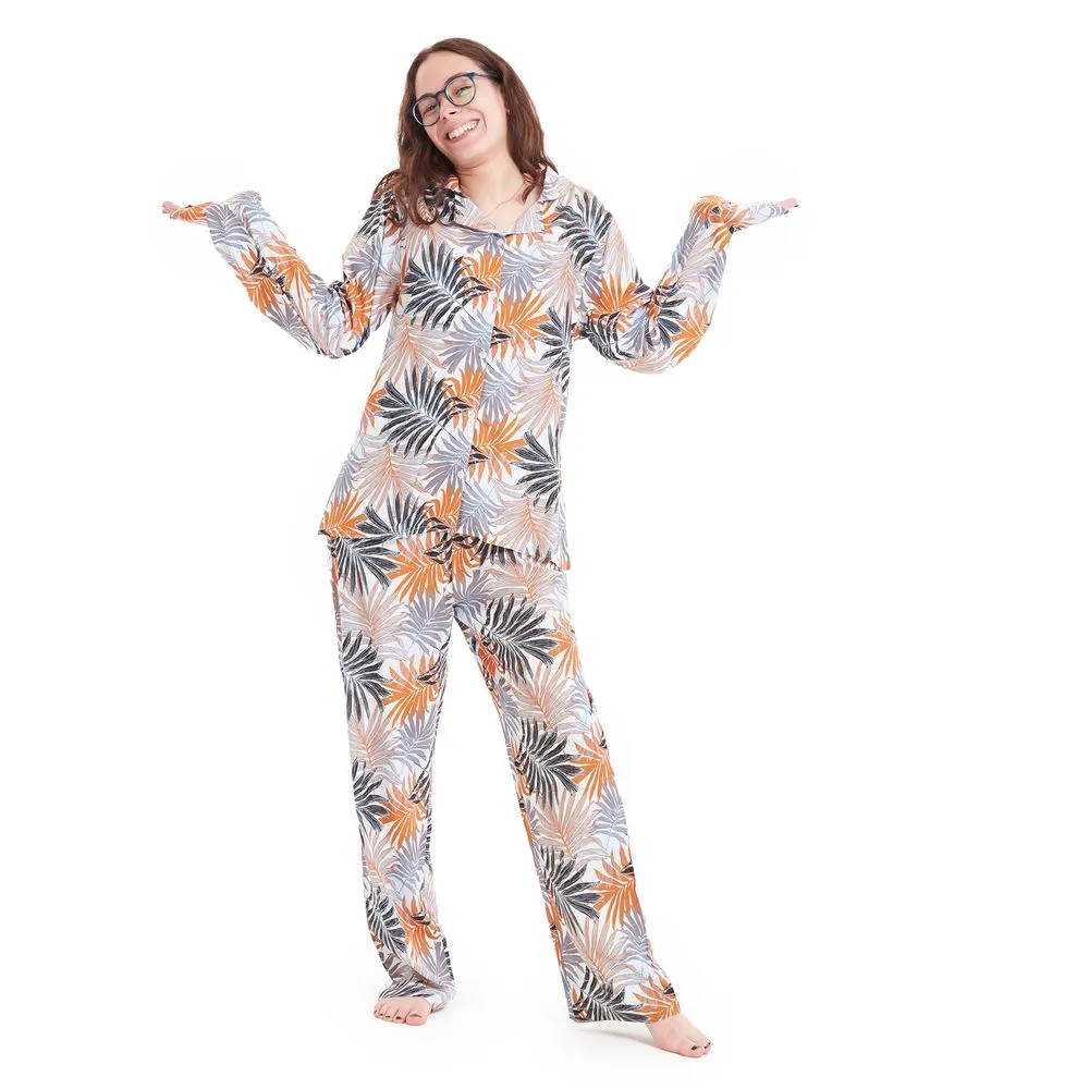 Women summer pajama set Havane leaves buttoned shirt   pants