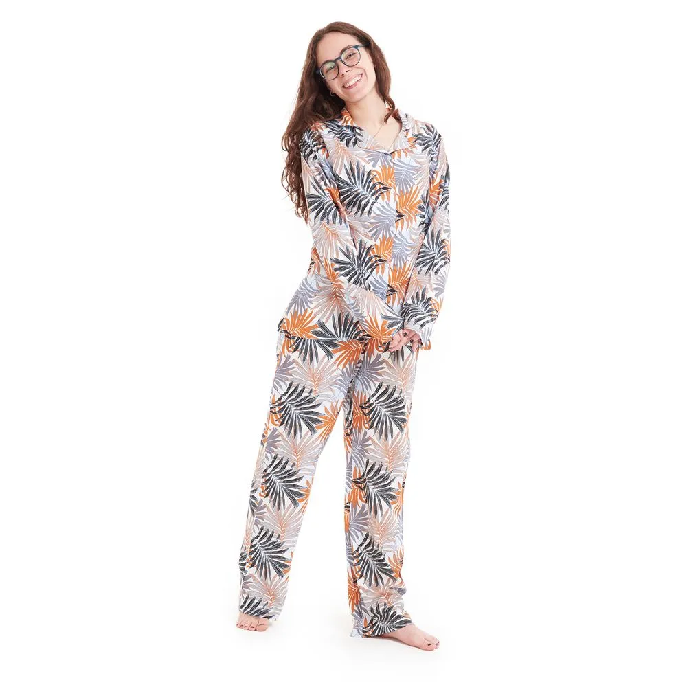 Women summer pajama set Havane leaves buttoned shirt   pants