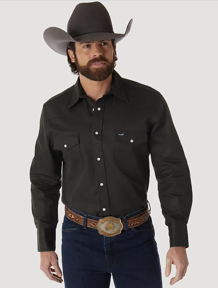 WRANGLER COWBOY CUT FIRM FINISH LONG SLEEVE WESTERN SNAP SOLID WORK SHIRT IN BLACK FOREST GREEN STYLE MS70519