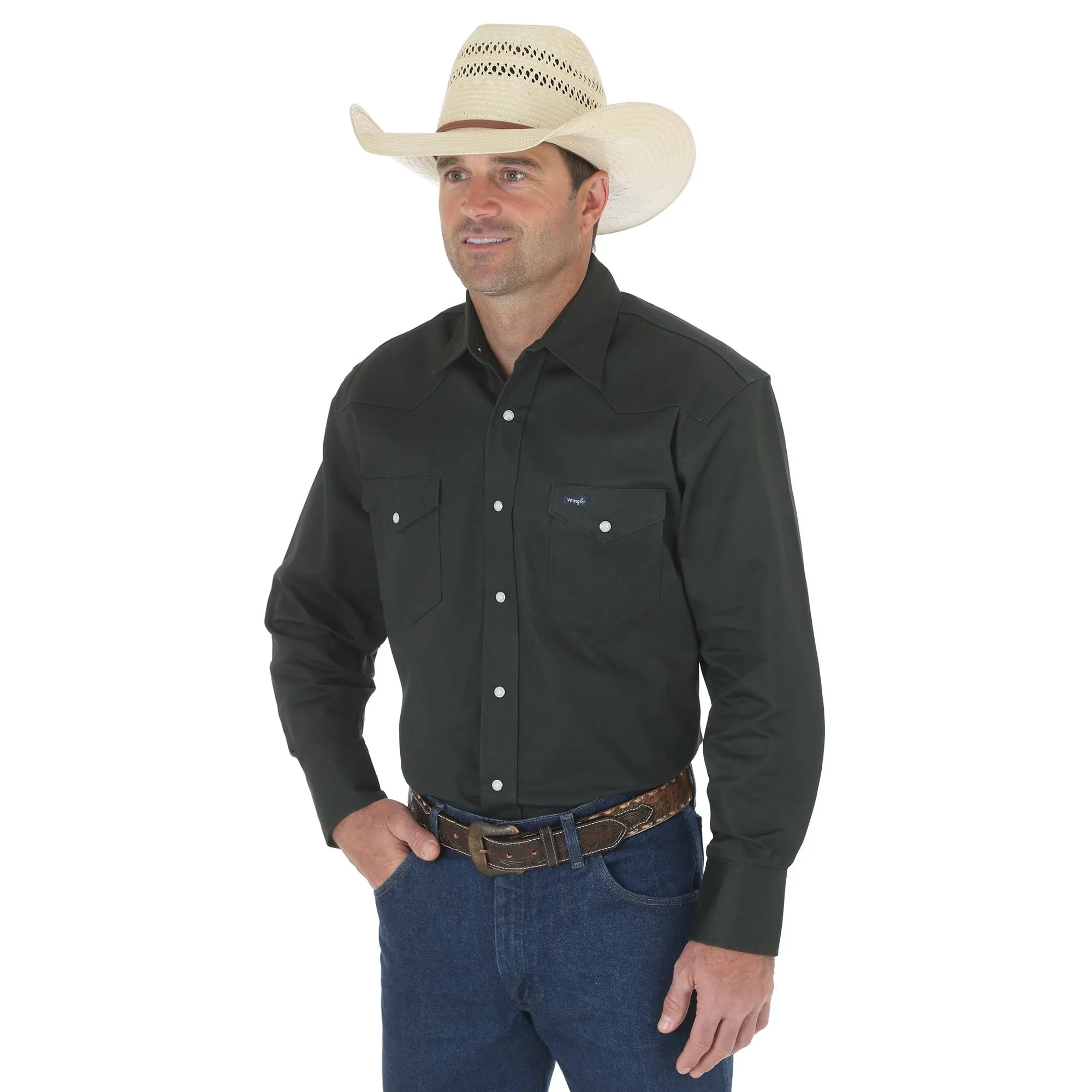 WRANGLER COWBOY CUT FIRM FINISH LONG SLEEVE WESTERN SNAP SOLID WORK SHIRT IN BLACK FOREST GREEN STYLE MS70519