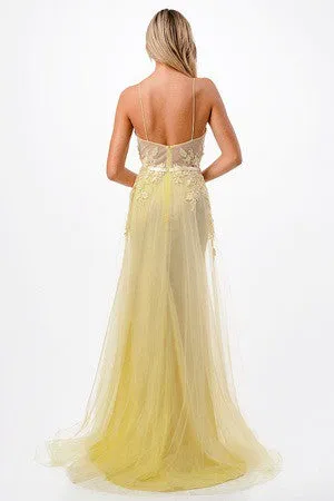 Yellow Chiffon Sweetheart Strapless Sheer Qilllusion Prom Dress