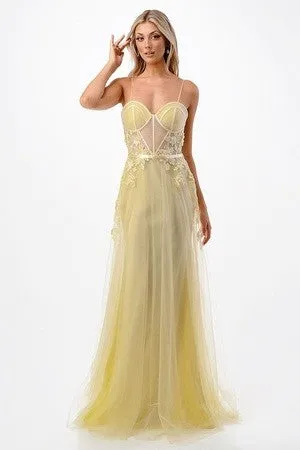 Yellow Chiffon Sweetheart Strapless Sheer Qilllusion Prom Dress